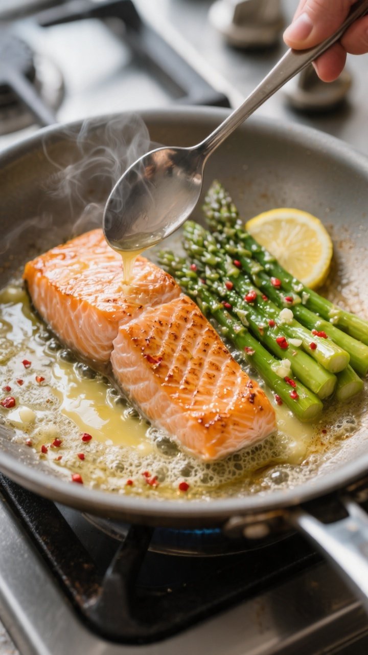 Cooking process, stovetop sear: Close-up of salmon fillets skin-side down in a stainless skillet wit