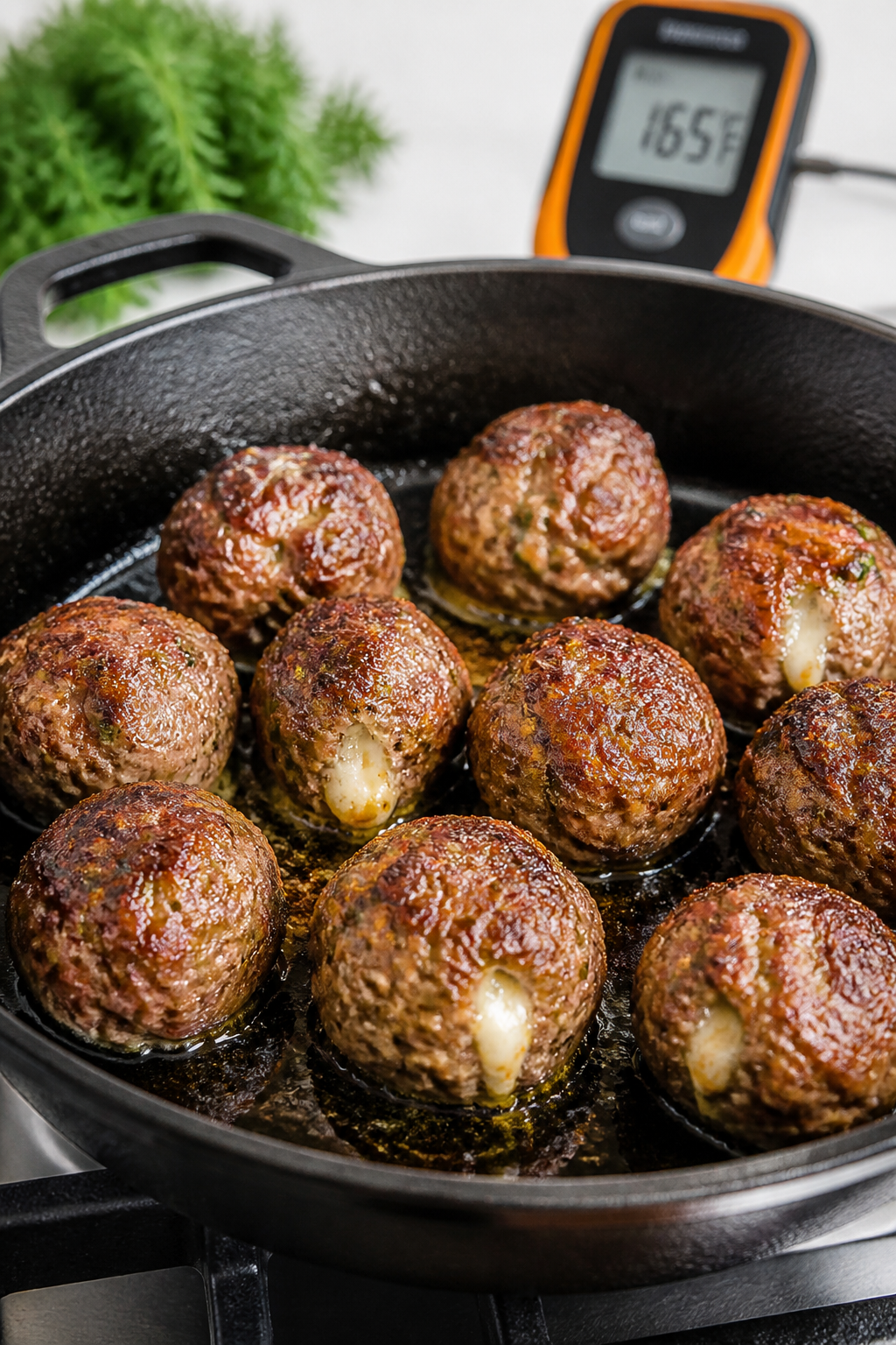 Cooking process: Stuffed meatballs sizzling in a cast-iron skillet after the optional sear, golden-b