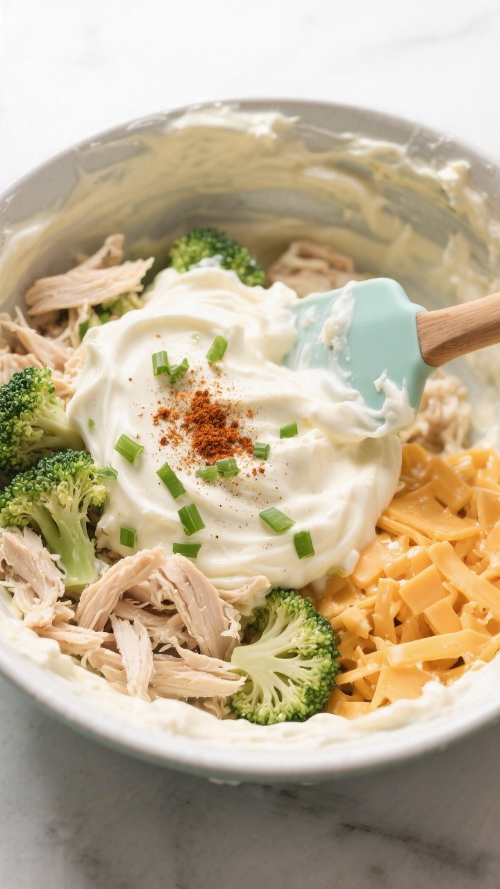Cooking process: The creamy base being folded together in a large bowl—shredded rotisserie chicken