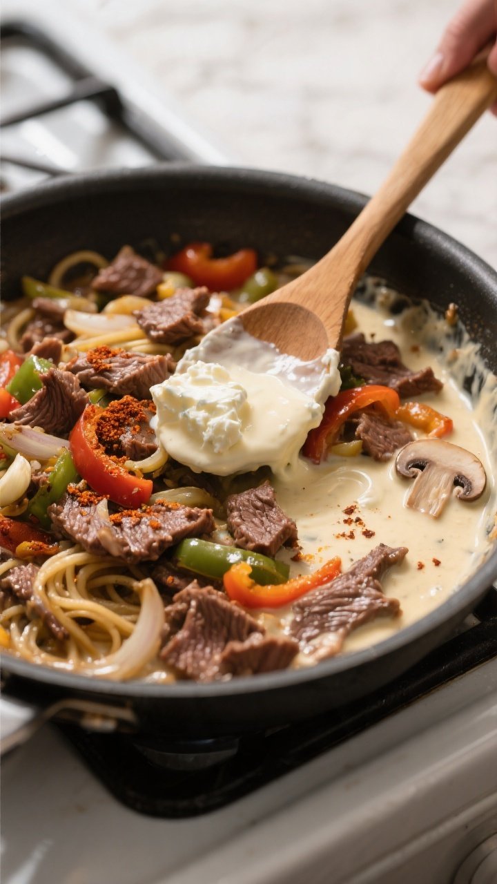 Cooking process: The creamy base melding into the beef and veggies in a large skillet—cream cheese
