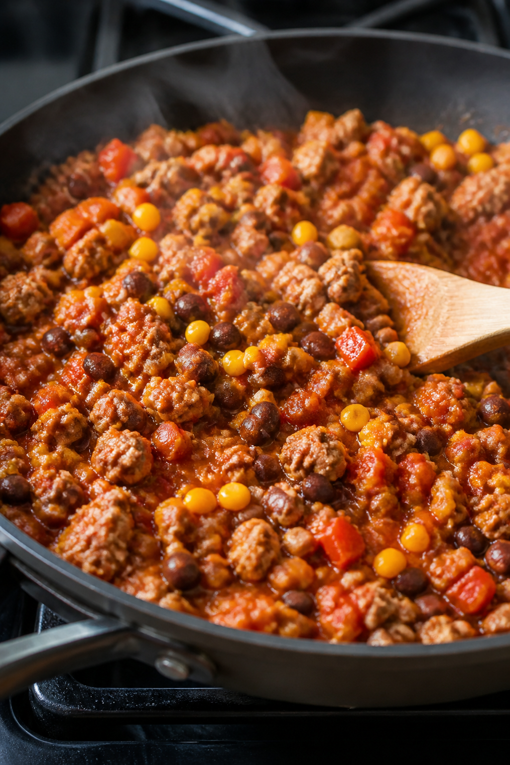 Cooking process: The turkey-veggie mixture simmering in a large skillet after seasoning—fully cook