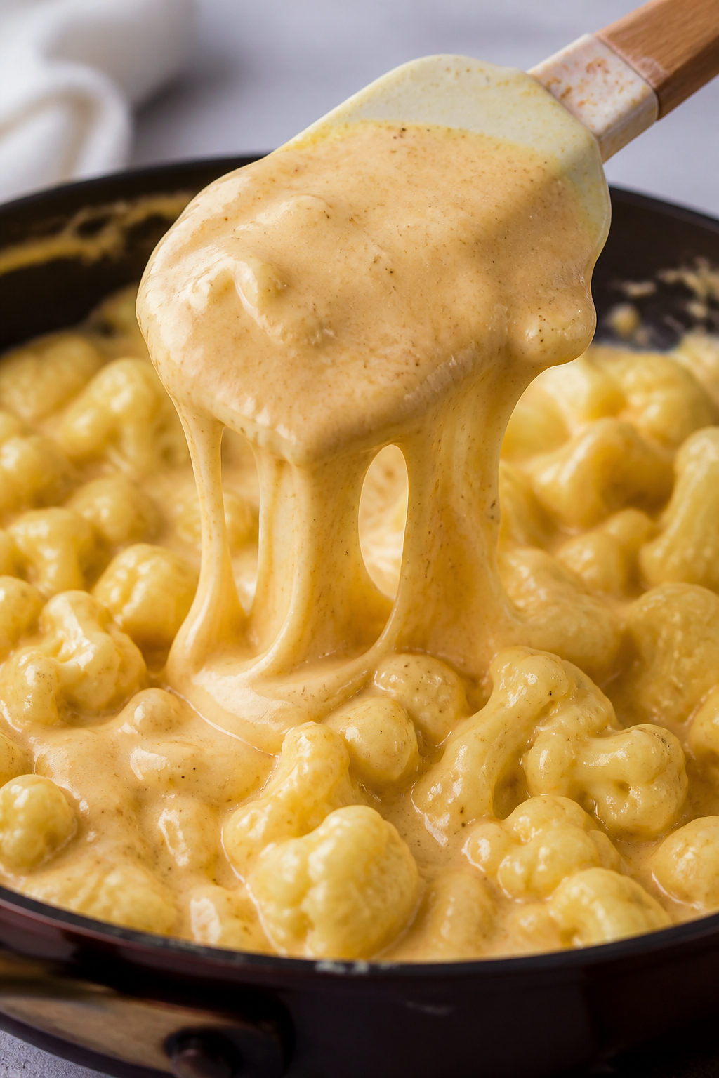 Creamy sauce detail: Close-up of the ultra-creamy cheese sauce in the skillet just after adding crea