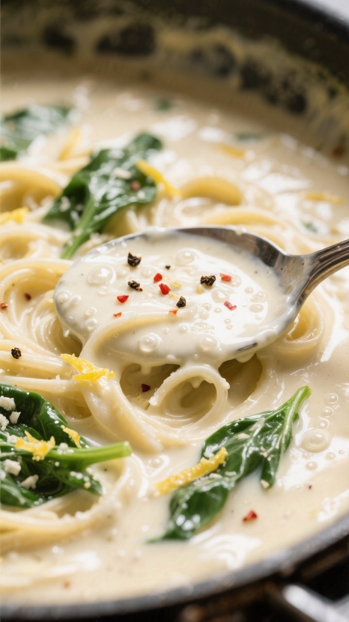 Creamy sauce detail: Extreme close-up of silky garlic-Parmesan Alfredo simmering gently in the pan,
