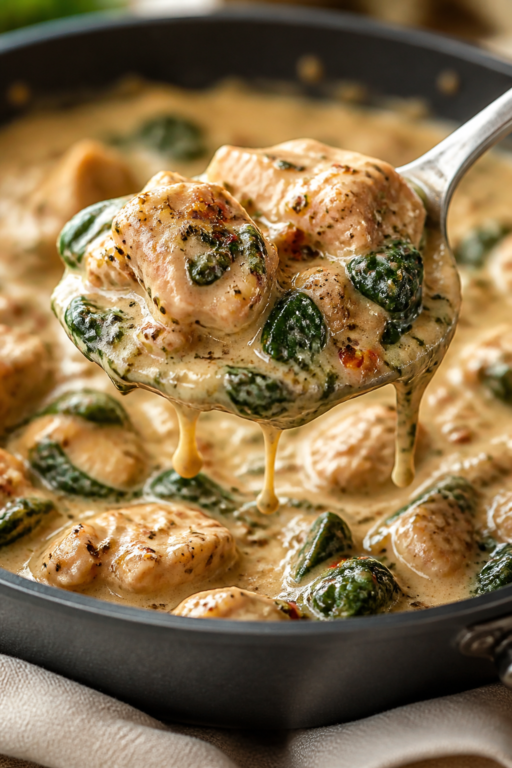 Creamy sauce detail: Ultra-close macro of the silky Cajun cream sauce clinging to spoonfuls of turke
