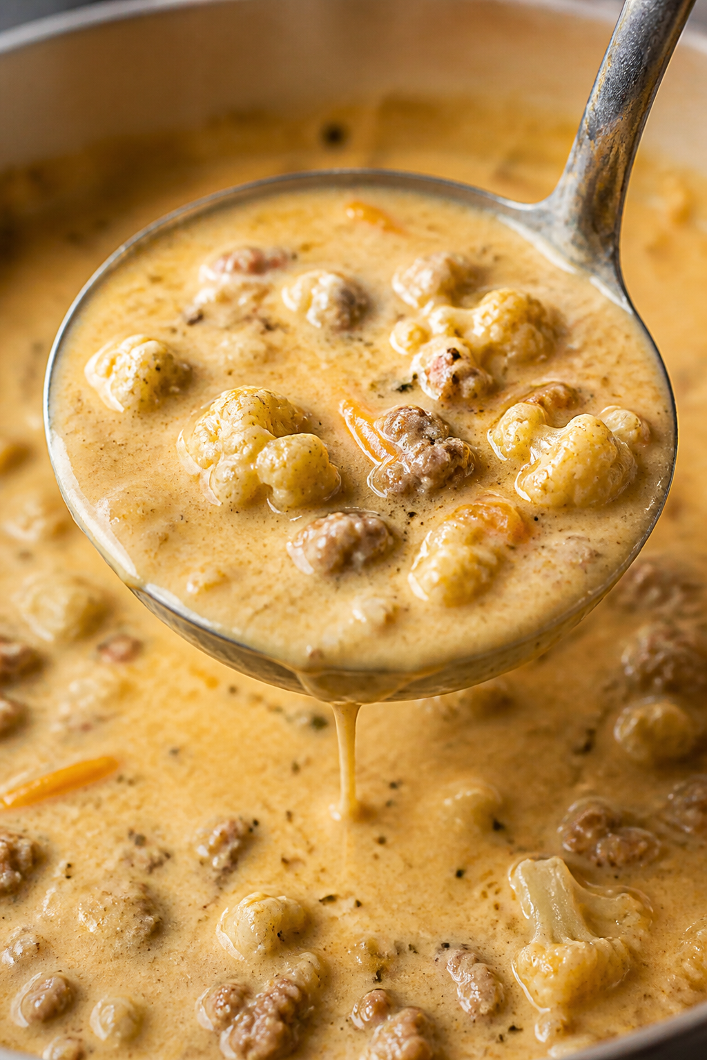 Creamy texture detail: Macro shot of the soup after dairy is incorporated—silky, spoon-coating bro
