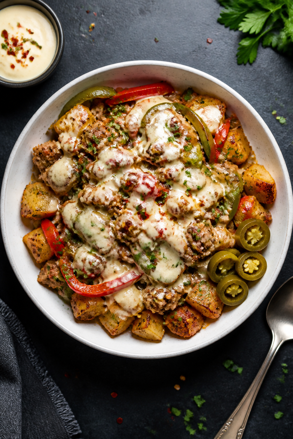 Final bowl overhead: Ground Turkey Philly Cheese Bowl plated over roasted diced potatoes, topped wit