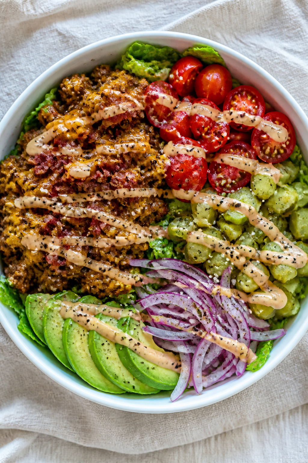 Final bowl overhead: Overhead shot of Ground Turkey Bacon Cheeseburger Bowl assembled over chopped r