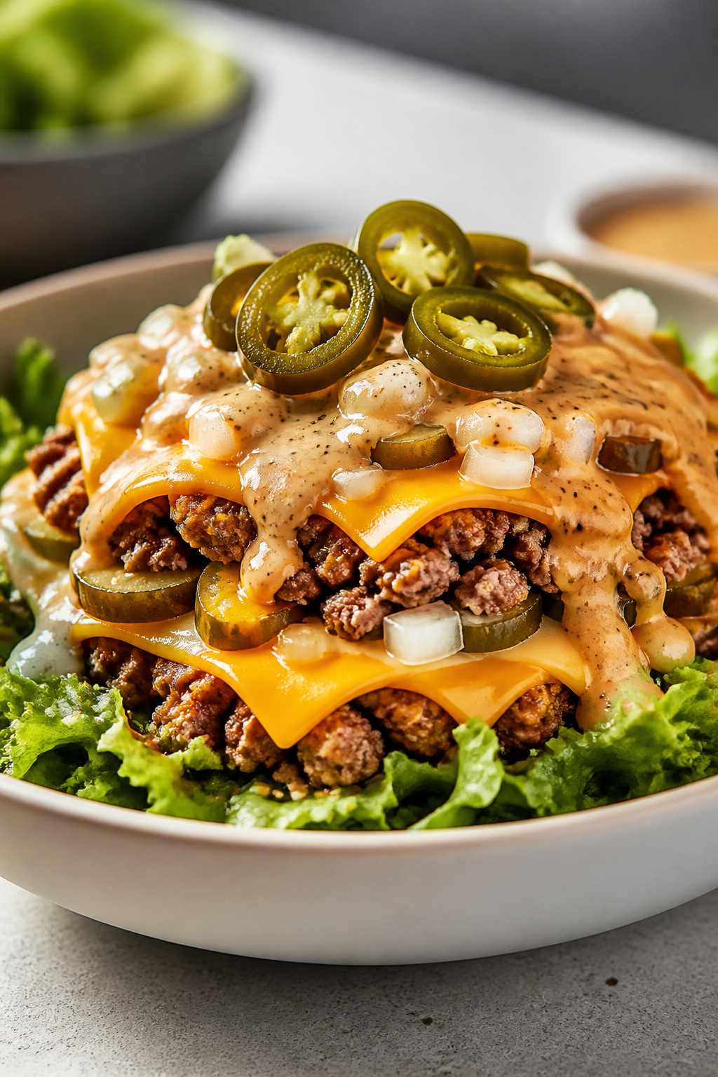 Final dish beauty — Big Mac–style variation: Hero close-up of a double-layer cheeseburger bowl i