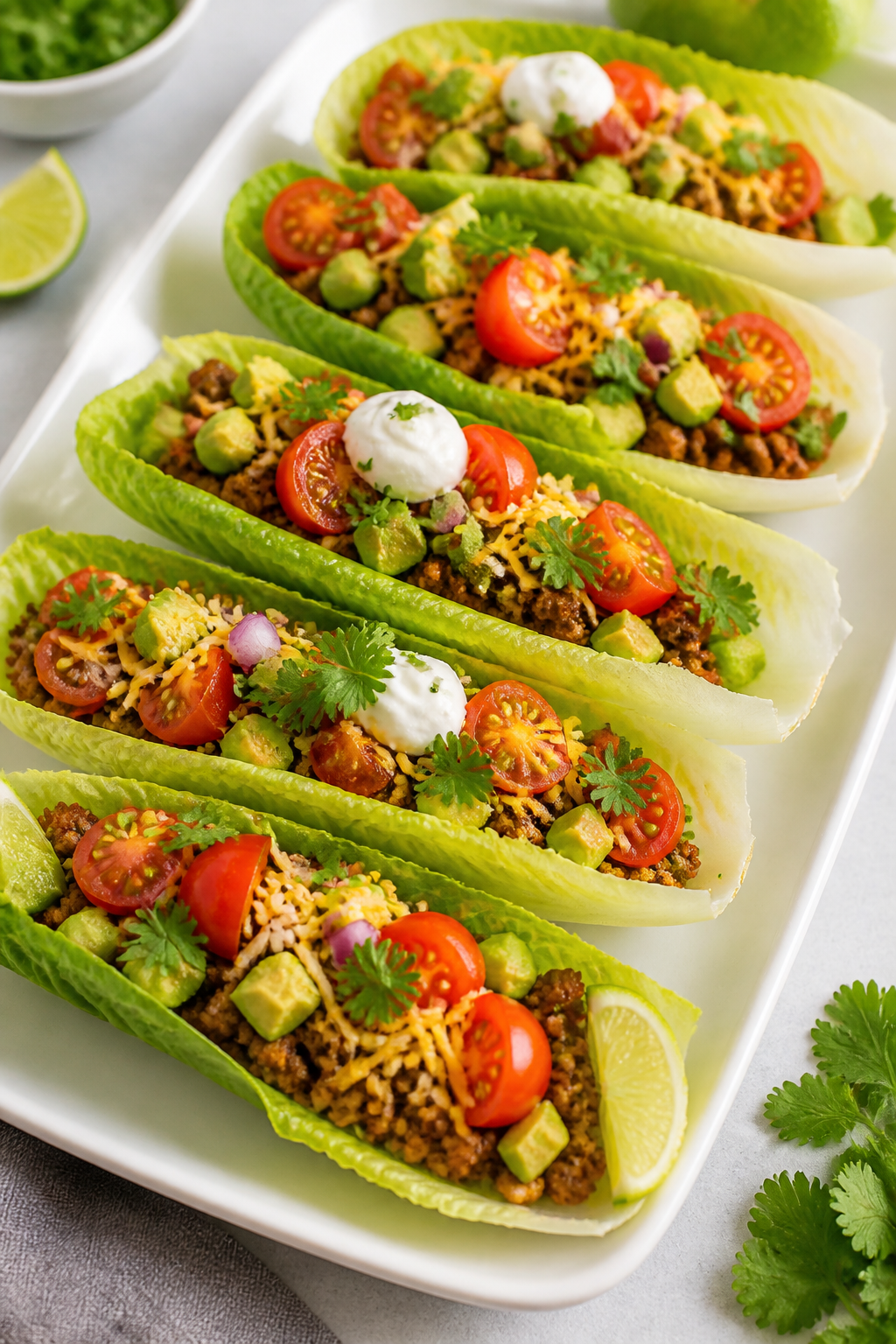 Final dish beauty shot: Keto Turkey Taco Lettuce Boats neatly arranged on a matte white platter, eac