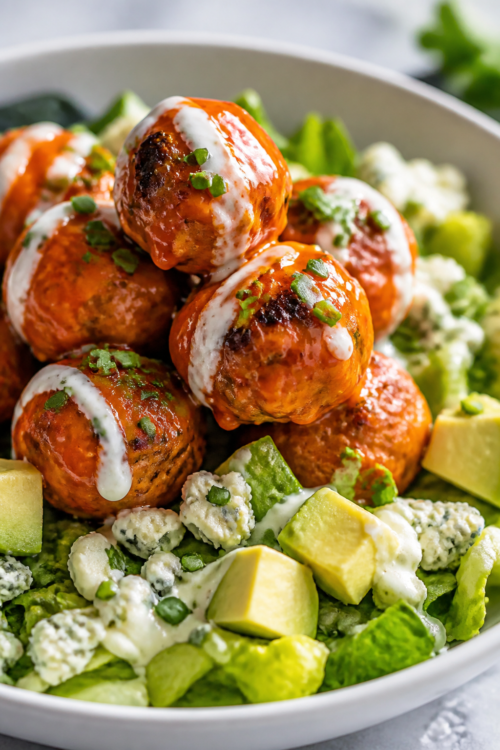 Final dish detail: Restaurant-quality plated presentation of buffalo turkey meatballs stacked in a s