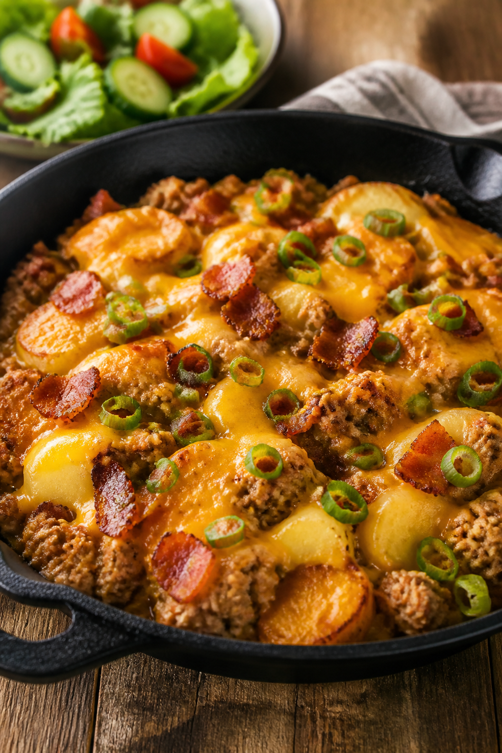 Final dish, melty and garnished: Beautifully finished Ground Turkey Cheddar Bacon Skillet in a black