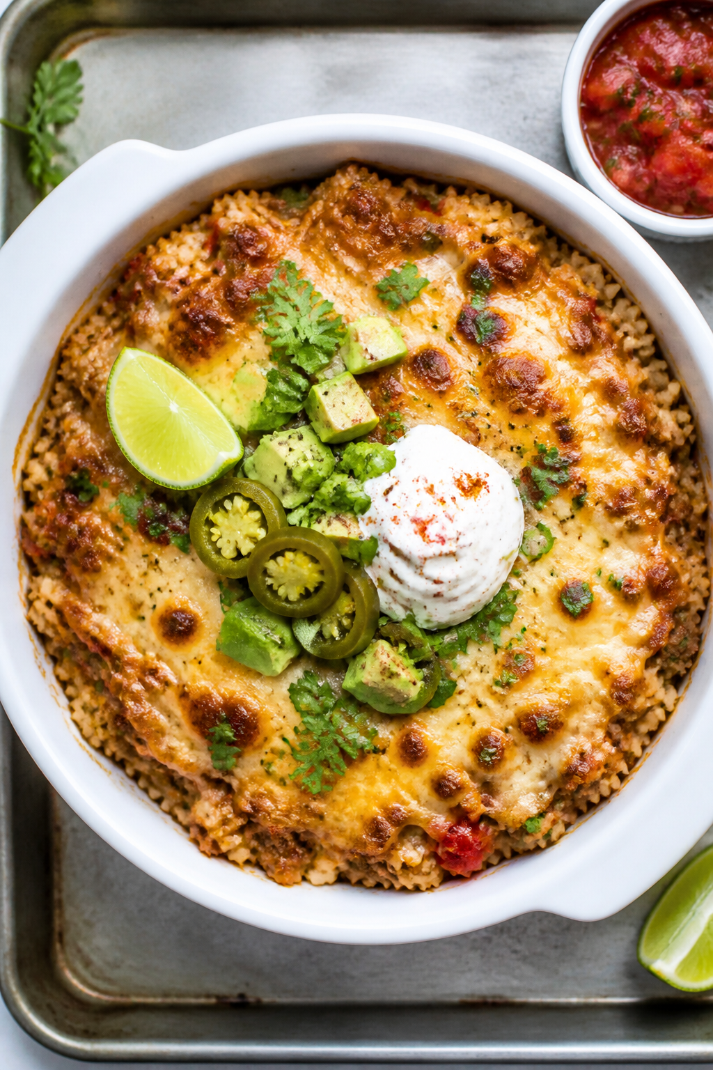 Final dish, overhead: Keto Ground Turkey Taco Melt Bowl just broiled—cheese layer bubbly and light