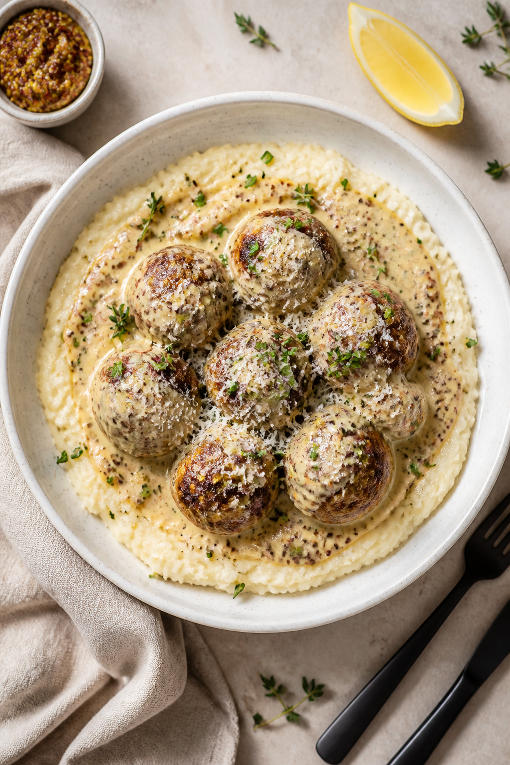 Final dish, overhead top view: Keto Meatballs with Creamy Dijon Sauce plated in a shallow white bowl