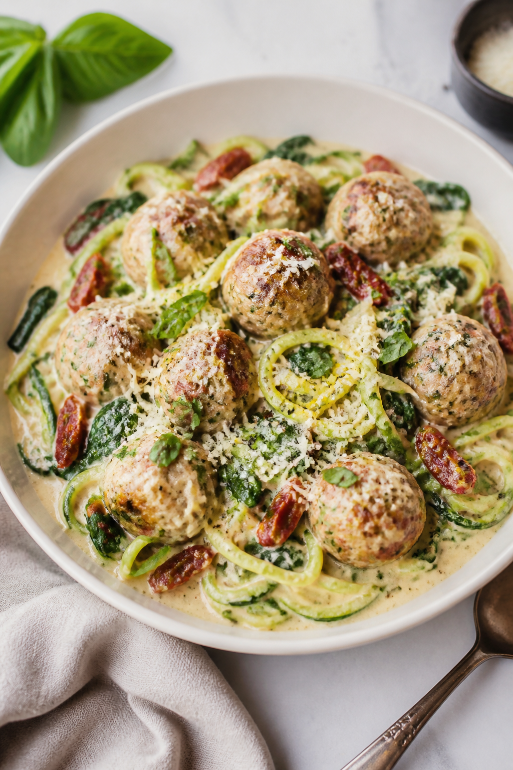 Final dish, plated beauty shot: Keto Tuscan Cream Sauce Meatballs nestled in a silky, ivory cream sa