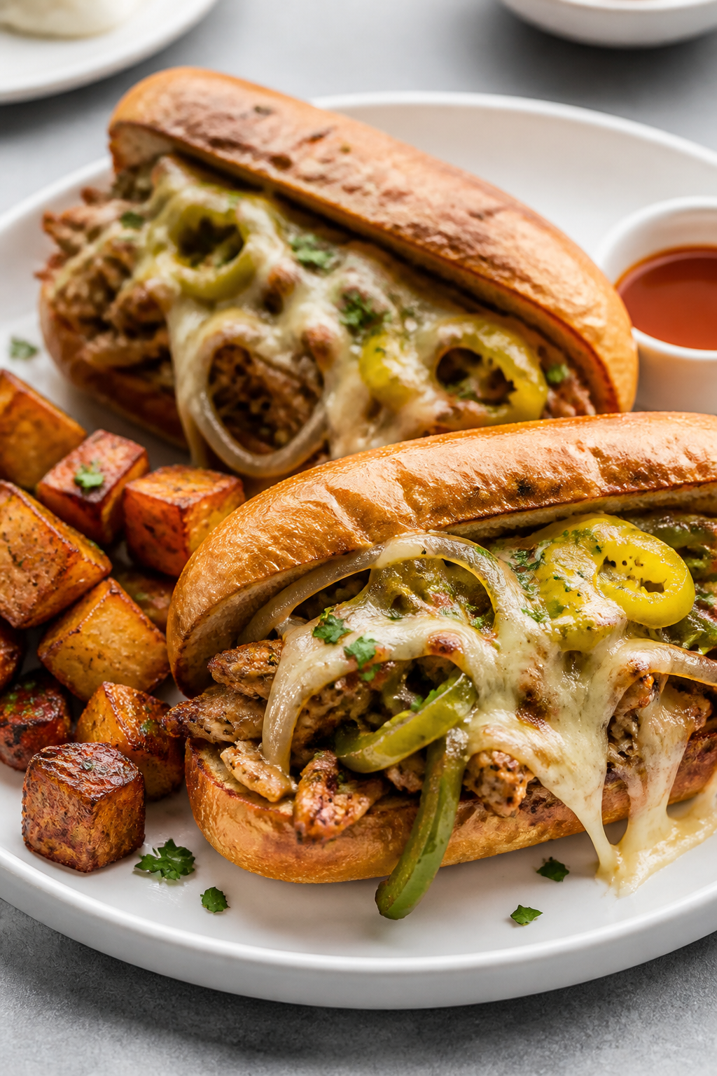 Final dish plated: Cheesesteak-style sandwiches piled high on toasted hoagie rolls, stuffed with the