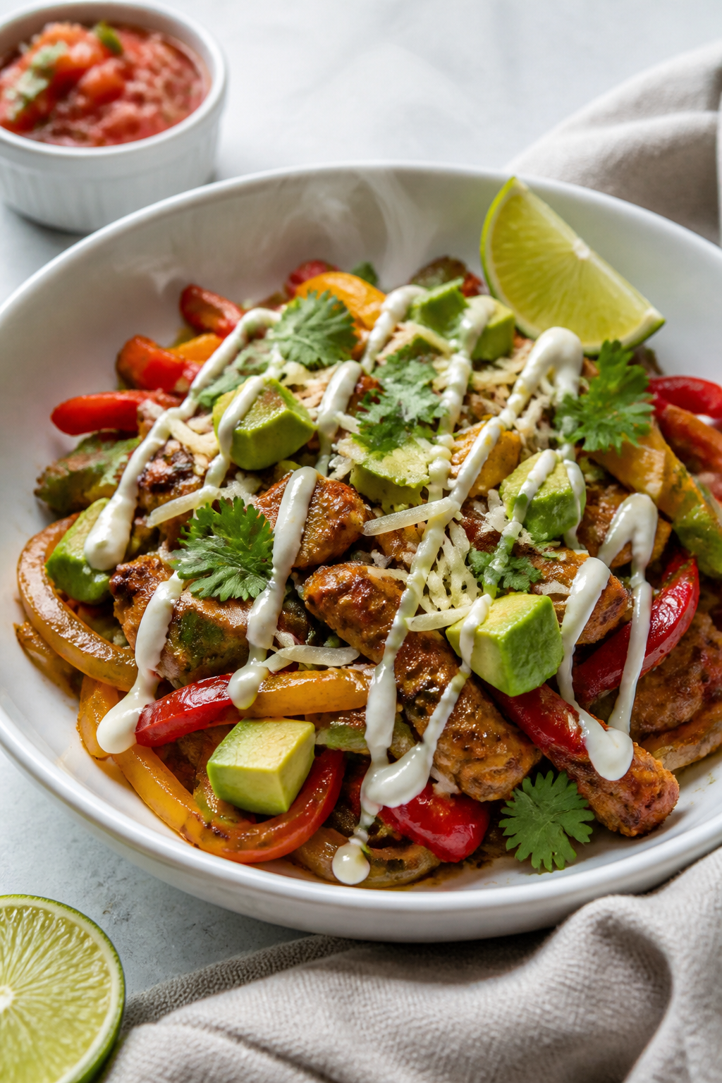 Final dish, plated hero shot: Beautifully plated Keto Turkey Fajita Bowl in a wide, shallow white bo