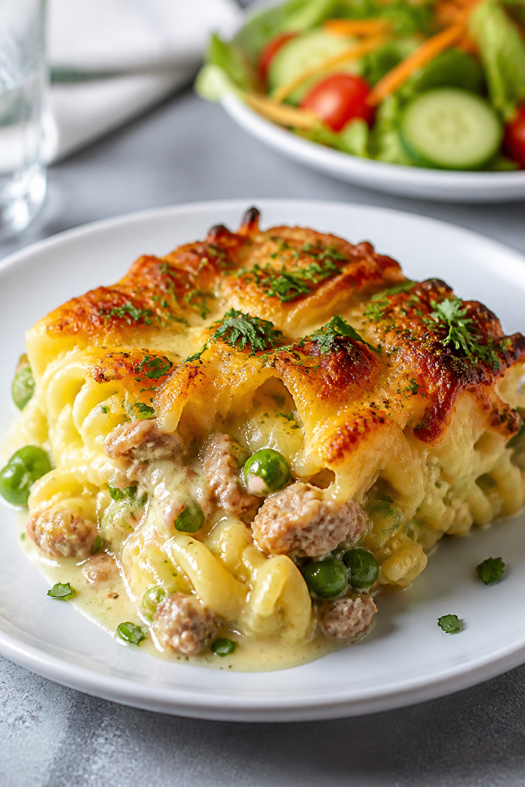 Final dish, plated presentation: Beautifully baked Ground Turkey Creamy Ranch Casserole served as a 
