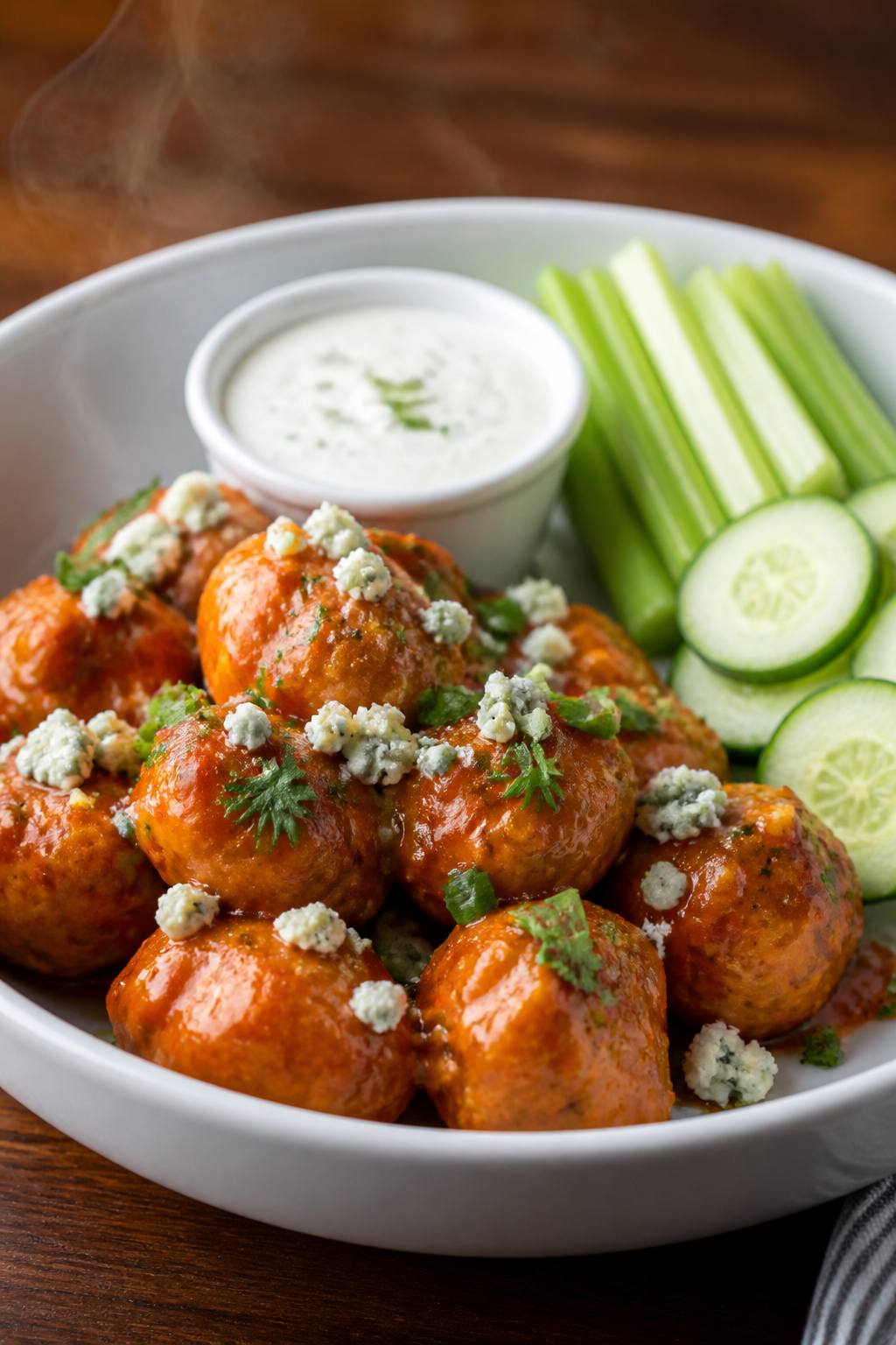 Final dish, plated presentation: Beautifully plated Keto Buffalo Chicken Meatballs tossed in a gloss