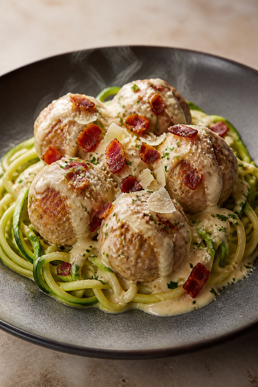 Final dish presentation: Beautifully plated chicken bacon Alfredo meatballs over zucchini noodles, g