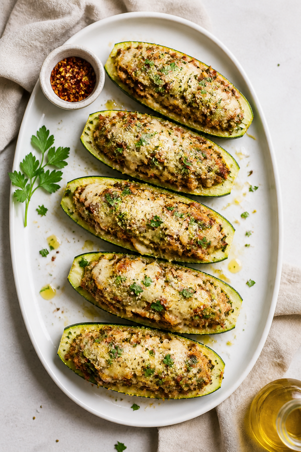Final dish presentation: Beautifully plated Creamy Keto Ground Turkey Zucchini Boats arranged on a m