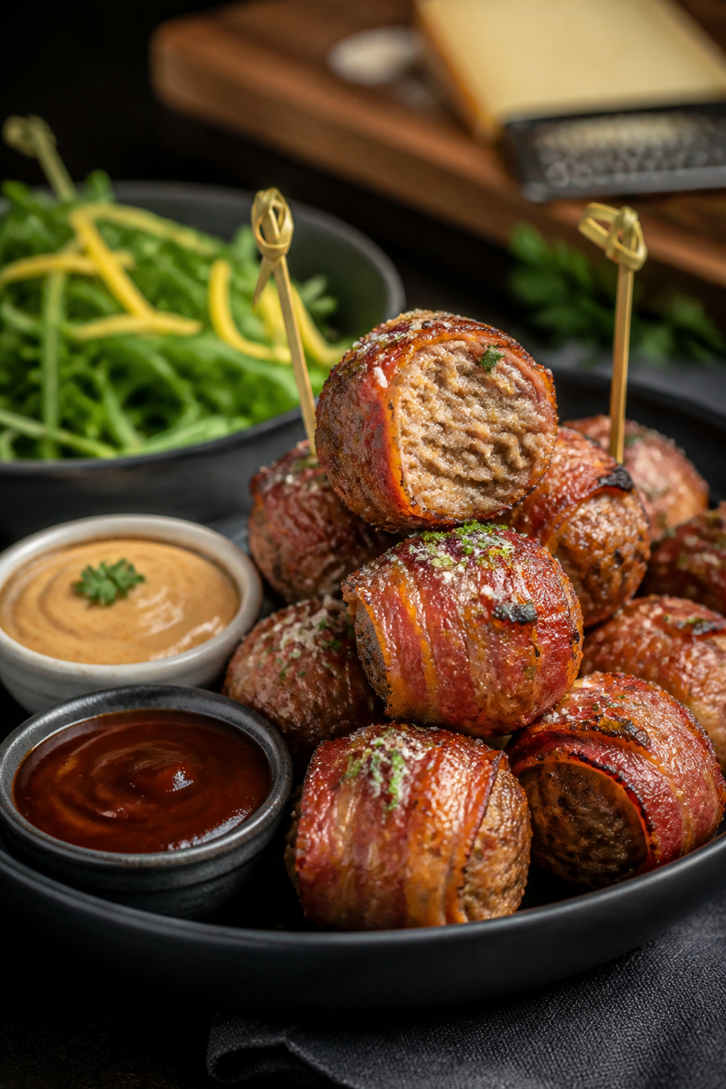 Final dish presentation: Beautifully plated Keto Bacon Wrapped Meatballs stacked in a shallow matte 