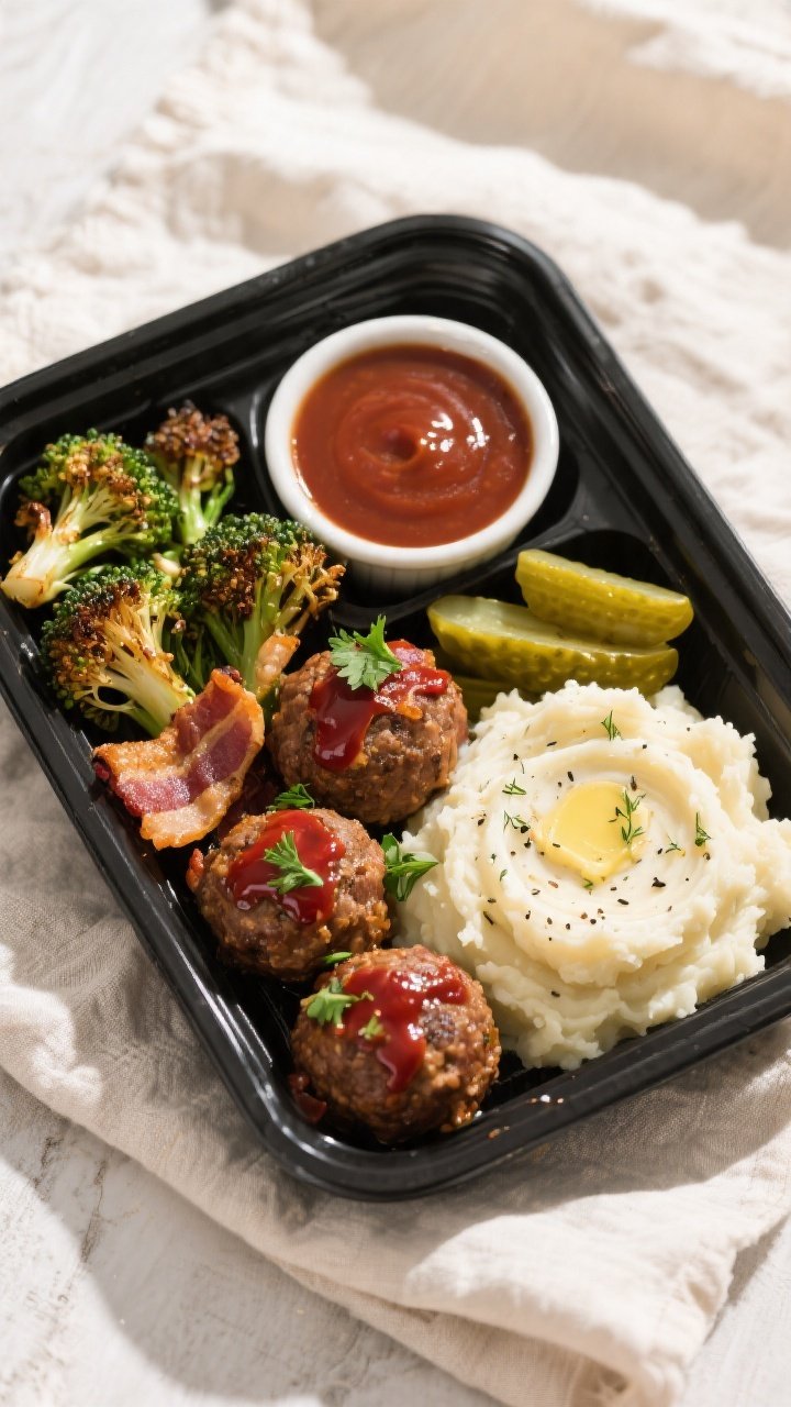 Final dish presentation: Beautifully plated Keto BBQ Bacon Meatball meal prep container—neatly por