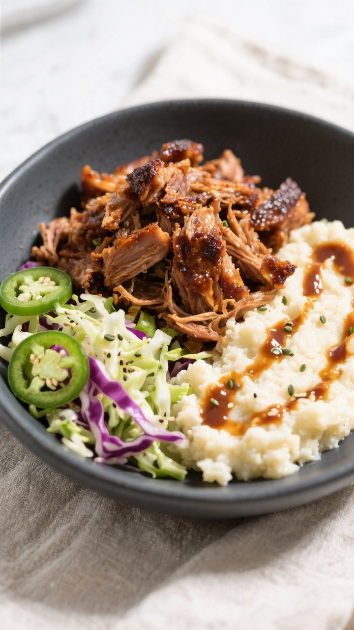 Final dish presentation: Beautifully plated keto BBQ pulled pork meal prep bowl with creamy cauliflo