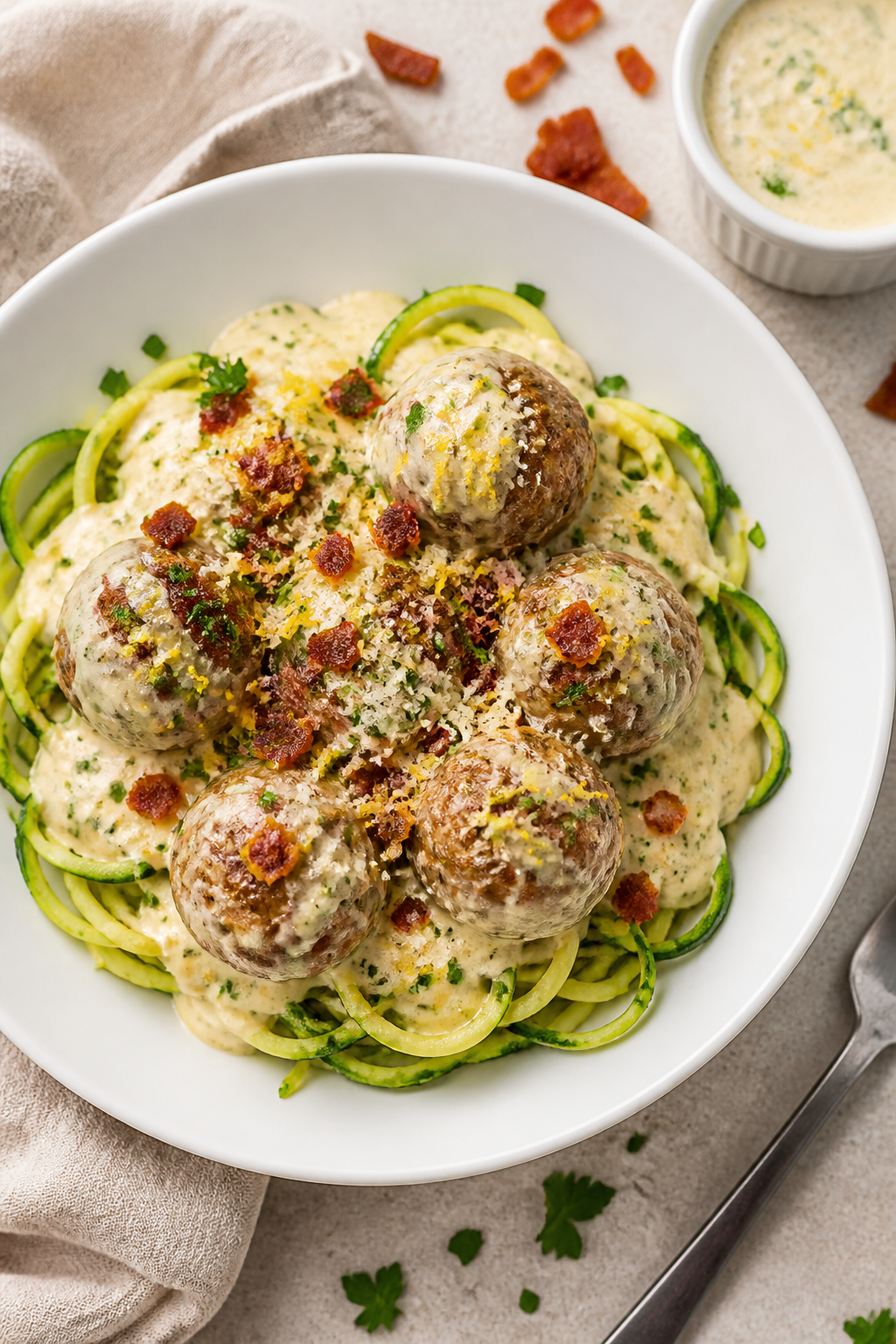 Final dish presentation: Beautifully plated Keto Creamy Garlic Bacon Meatballs over zucchini noodles