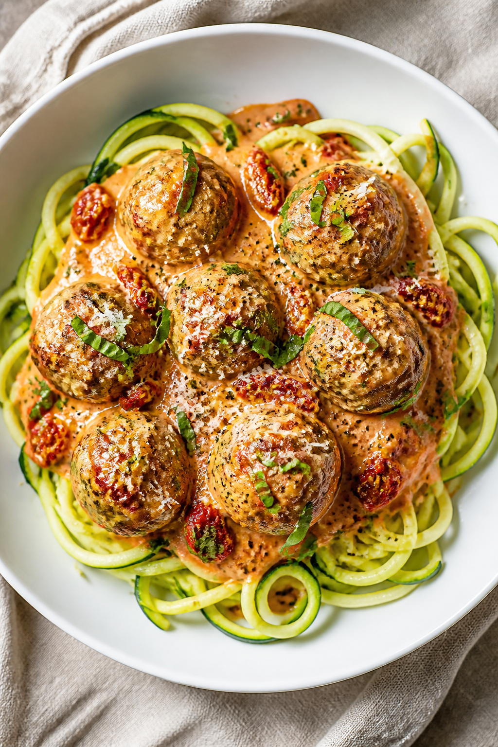 Final dish presentation: Beautifully plated Keto Creamy Sun-Dried Tomato Meatballs over twirled zucc