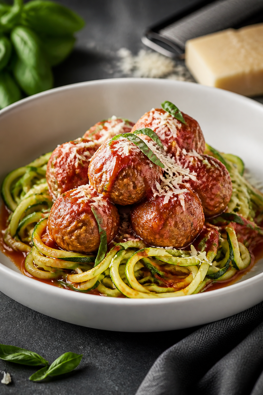 Final dish presentation: Beautifully plated Keto Garlic Asiago Meatballs nestled over twirled zucchi