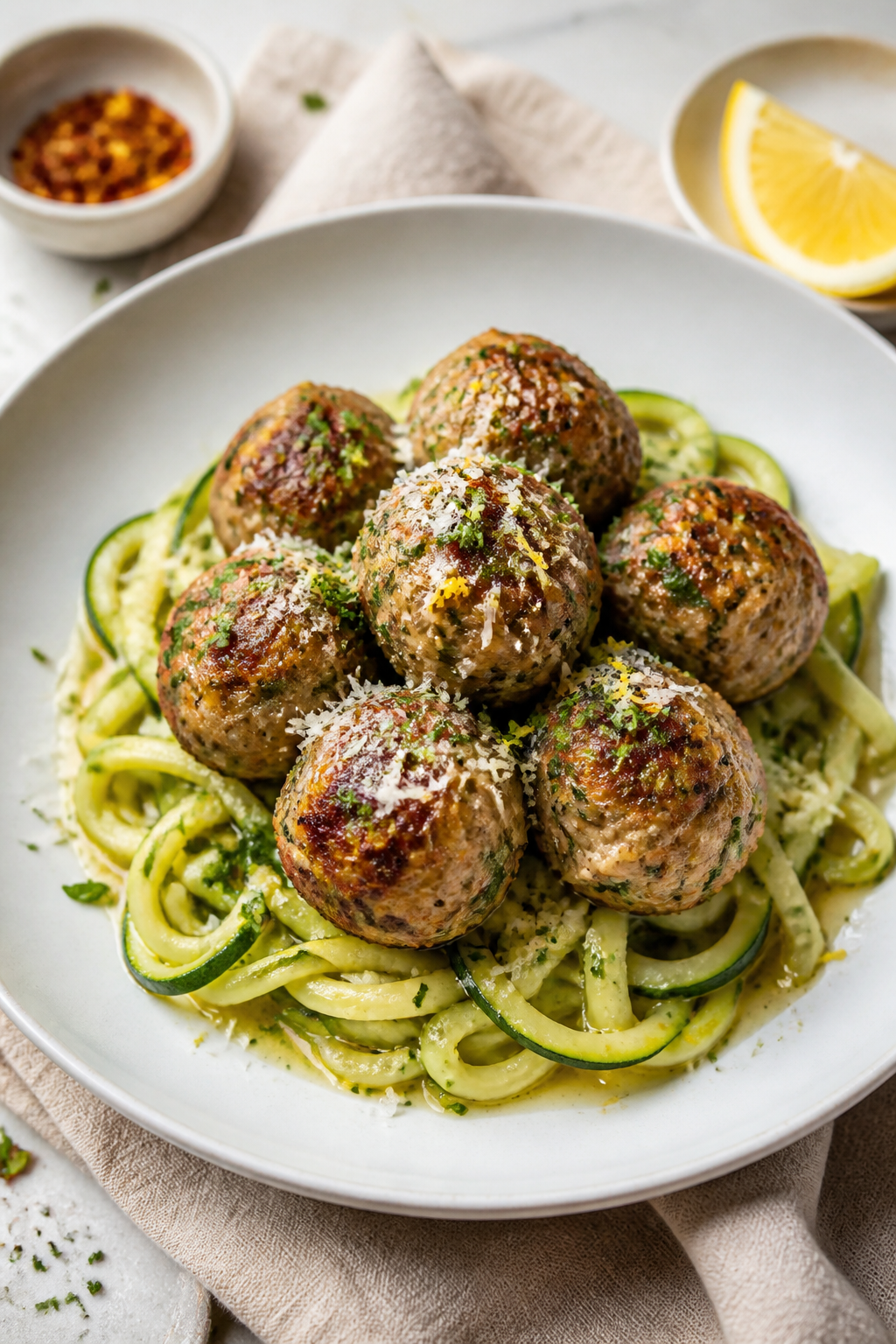 Final dish presentation: Beautifully plated Keto Garlic Butter Meatballs over twirled zucchini noodl