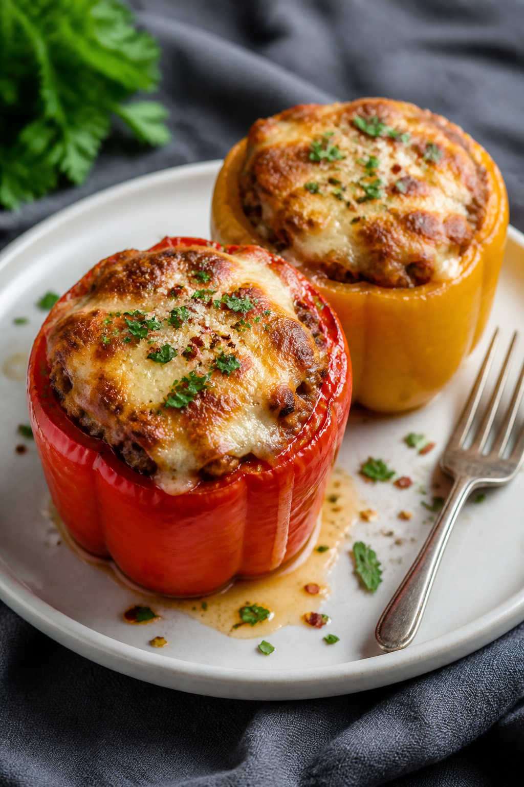 Final dish presentation: Beautifully plated Keto Ground Turkey Stuffed Peppers, two colorful peppers