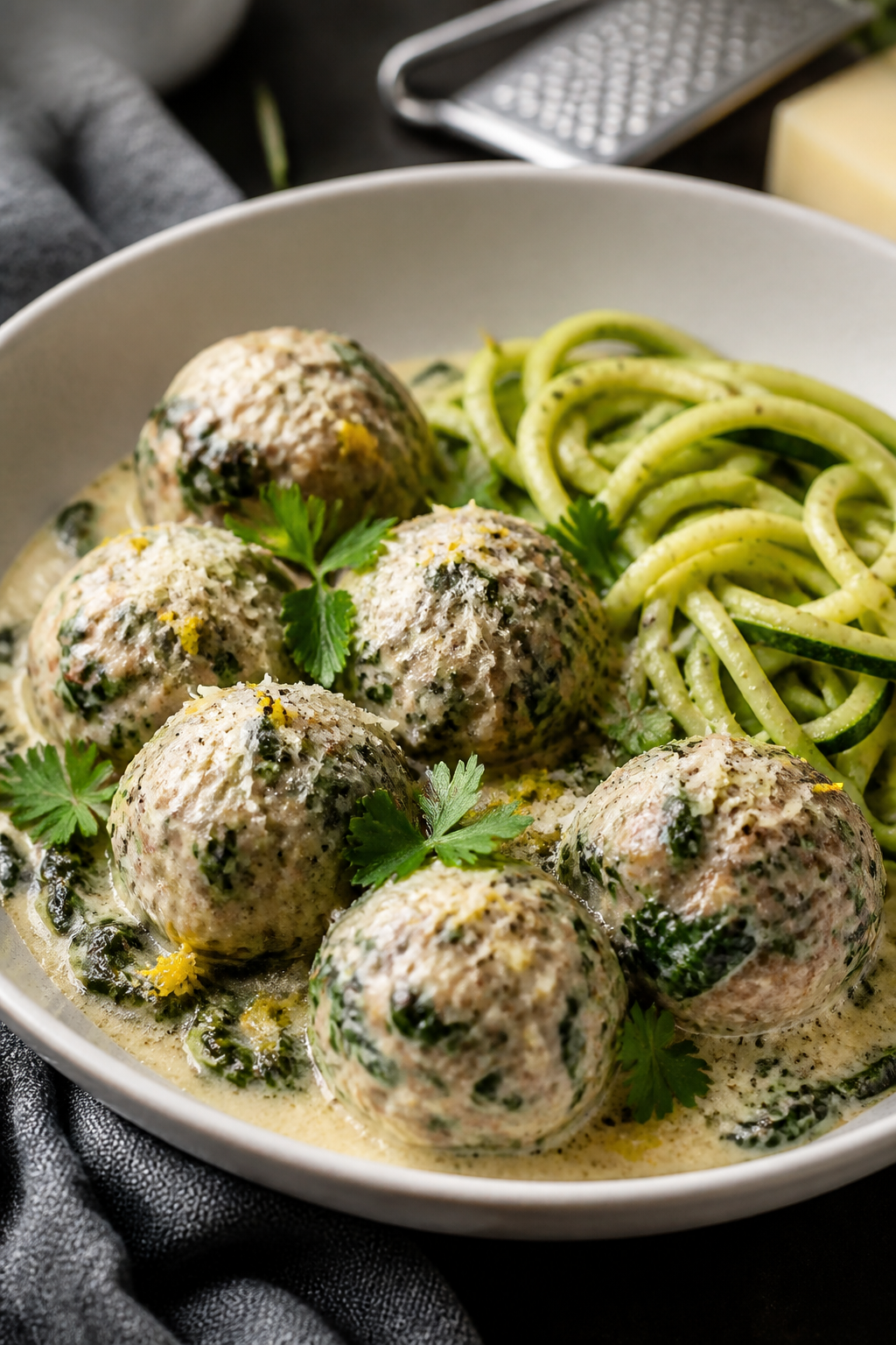 Final dish presentation: Beautifully plated Keto Meatballs in Creamy Spinach Sauce in a wide, shallo