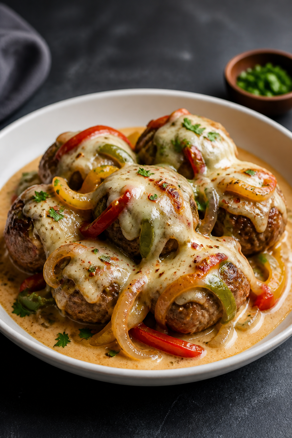 Final dish presentation: Beautifully plated Keto Philly Cheesesteak Meatballs in a shallow white bow