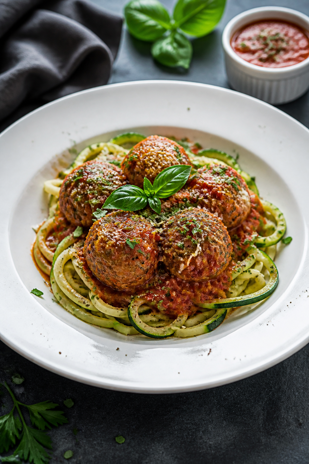 Final dish presentation: Beautifully plated Keto Turkey Italian Herb Meatballs nestling on a swirl o