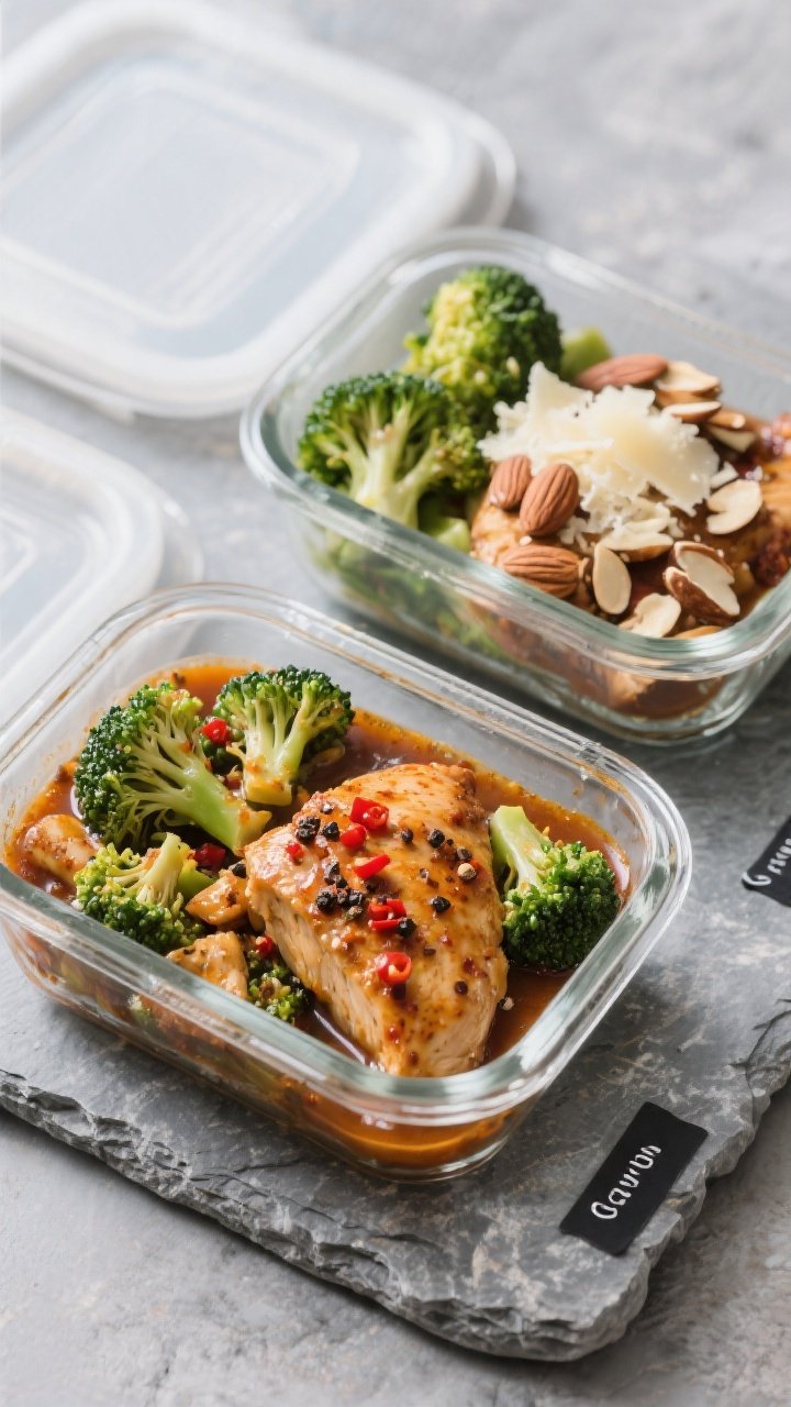 Final dish presentation: Beautifully plated meal-prep portions—two clear, rectangular containers f
