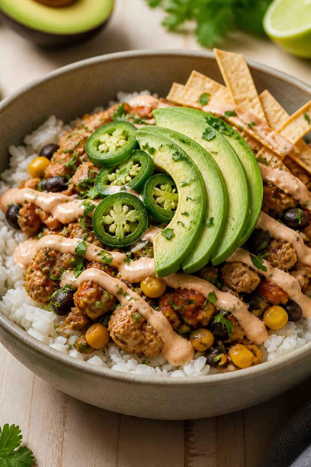 Final dish presentation: Beautifully plated Southwest turkey bowl—fluffy white rice base topped wi