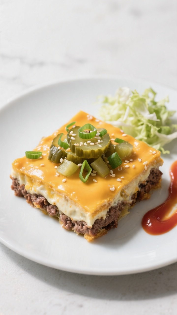 Final dish presentation: Beautifully plated square of keto cheeseburger casserole on a matte white p