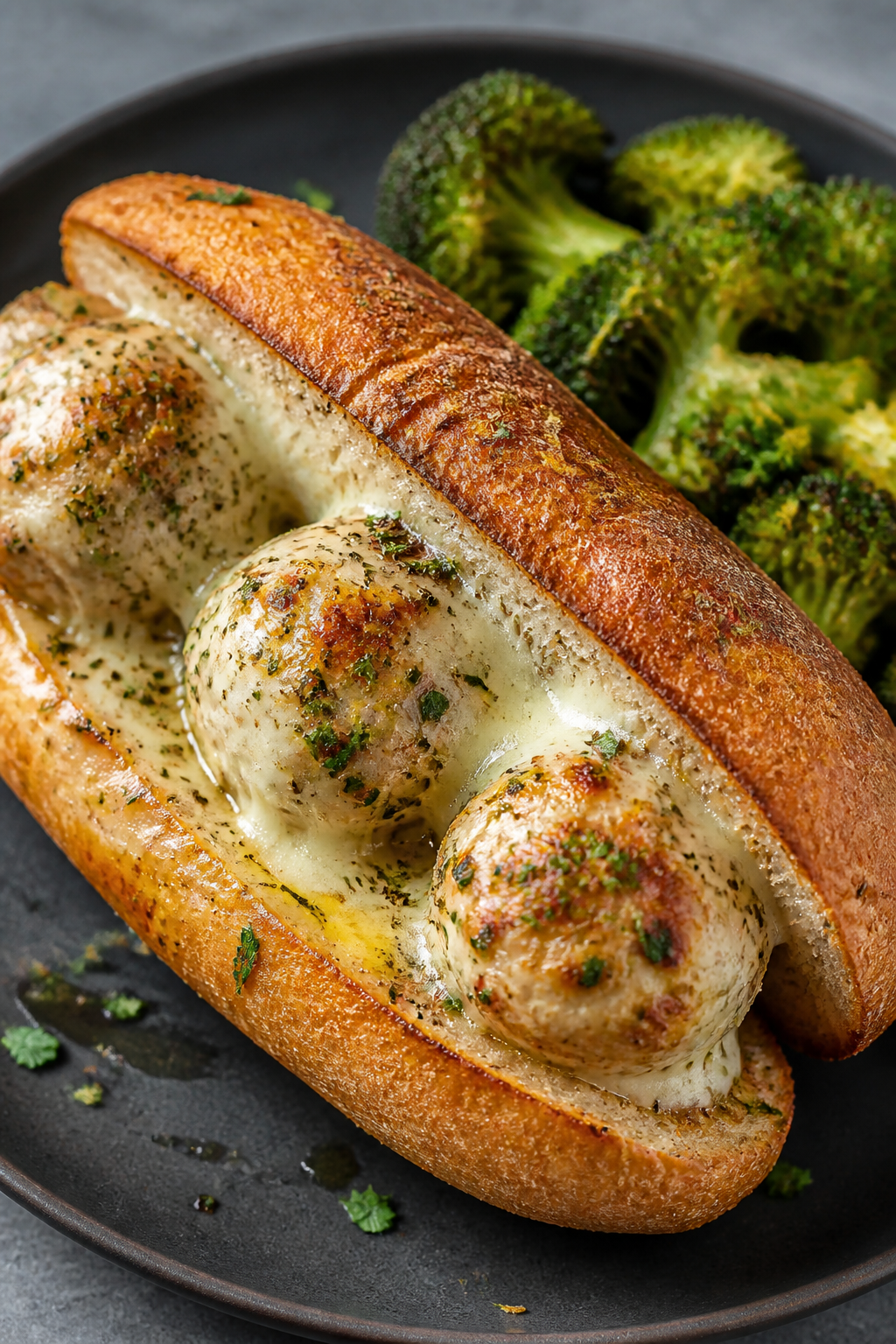 Final dish presentation: Garlic-butter meatball sub—three turkey cream cheese meatballs nestled in