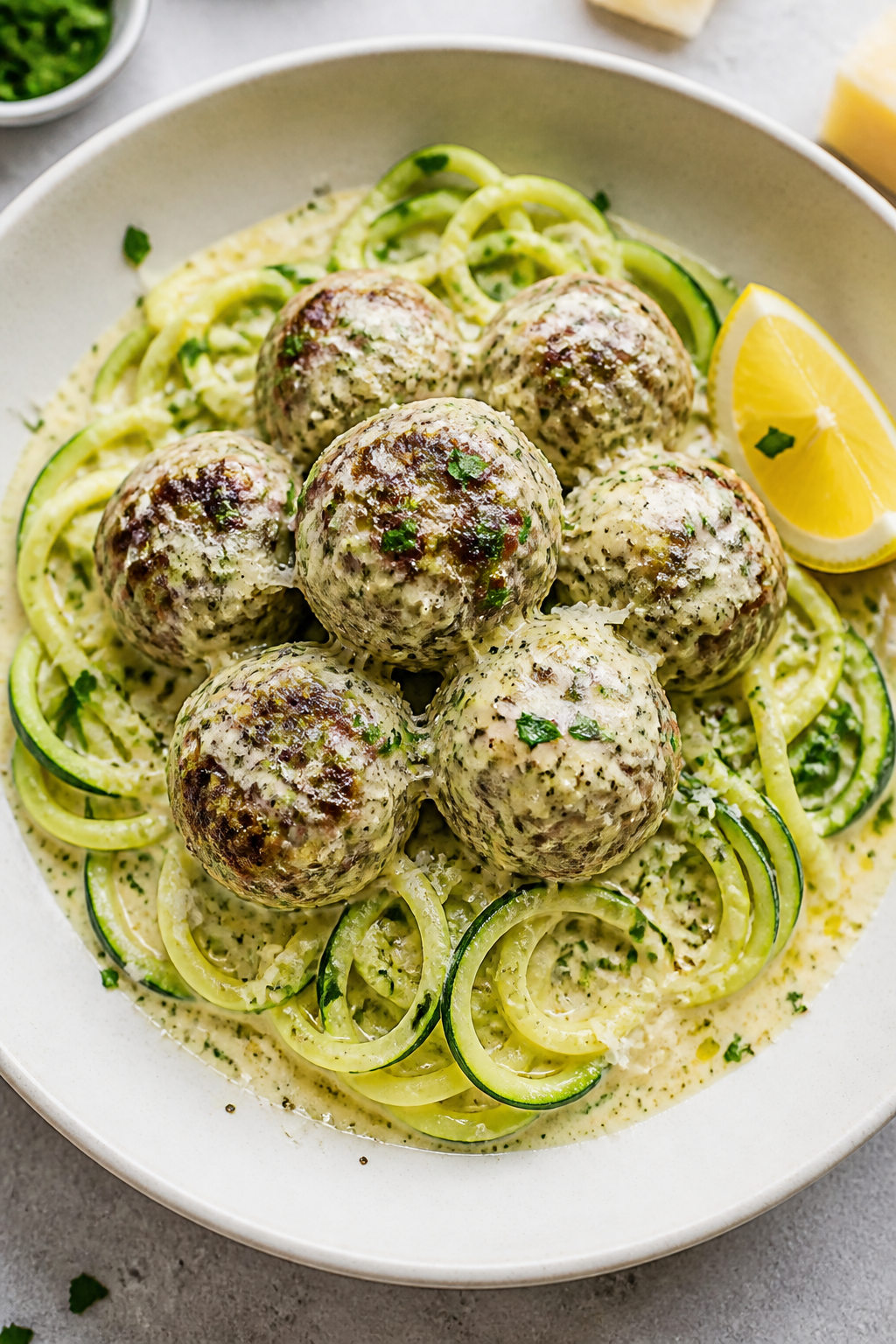 Final dish presentation: Keto meatballs with creamy garlic sauce nestled over a bed of zucchini nood