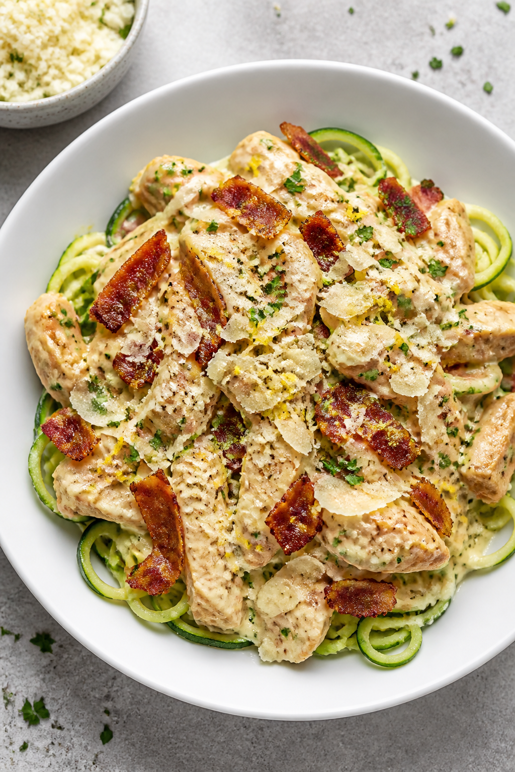 Final dish presentation: Keto Turkey Bacon Alfredo Skillet plated in a shallow white bowl over a nes