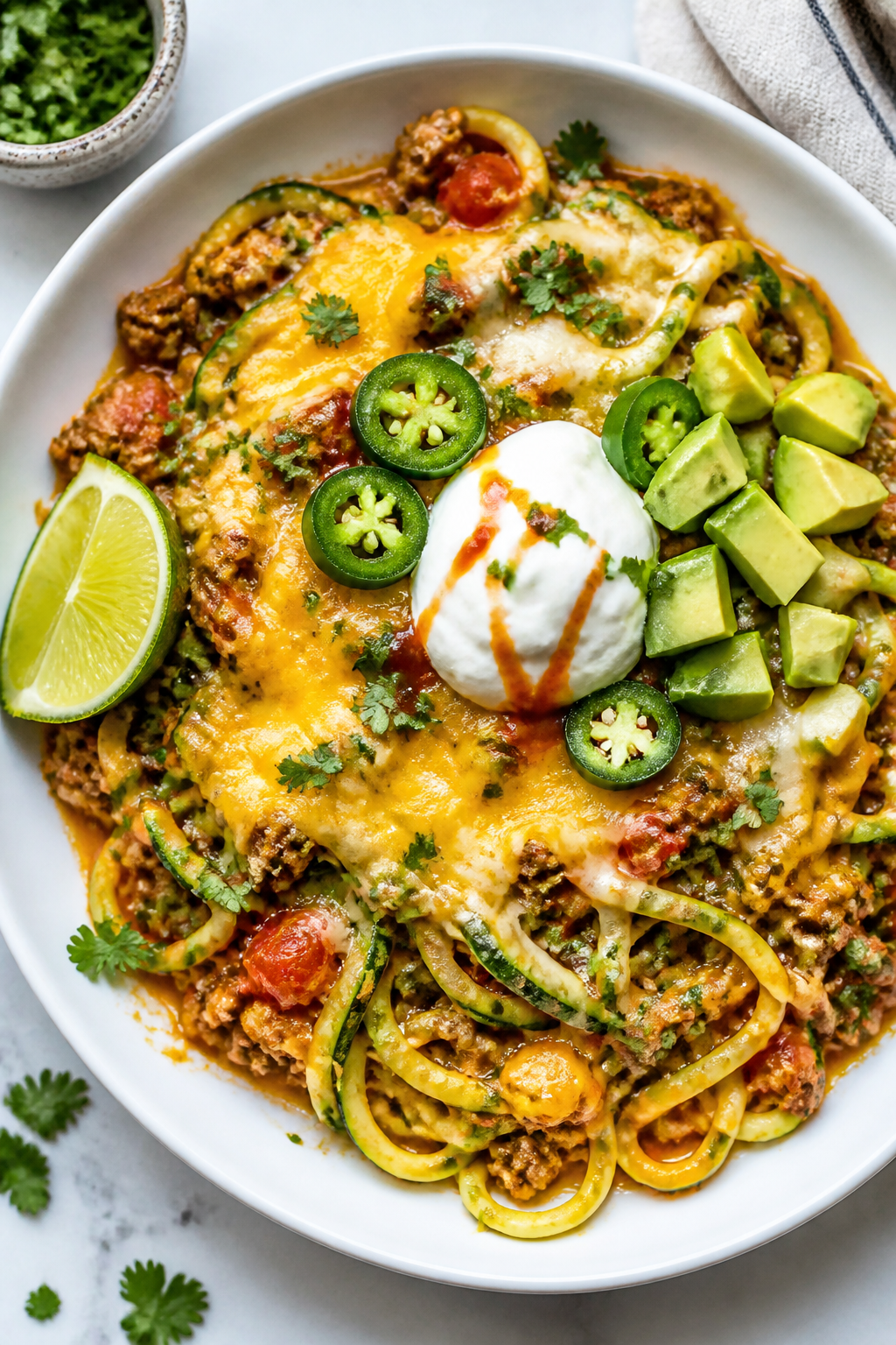 Final dish presentation: Keto Turkey Taco Zoodle Skillet plated in a wide, shallow white bowl, toppe
