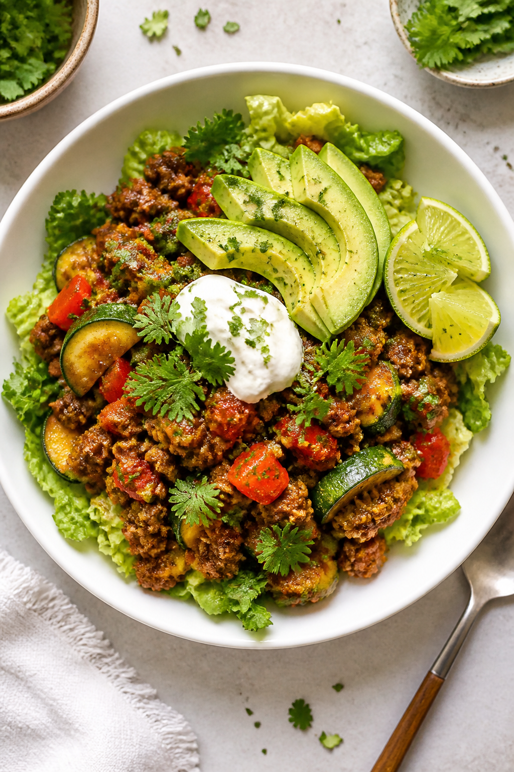 Final dish presentation: Restaurant-quality bowl of keto ground turkey taco skillet served over shre