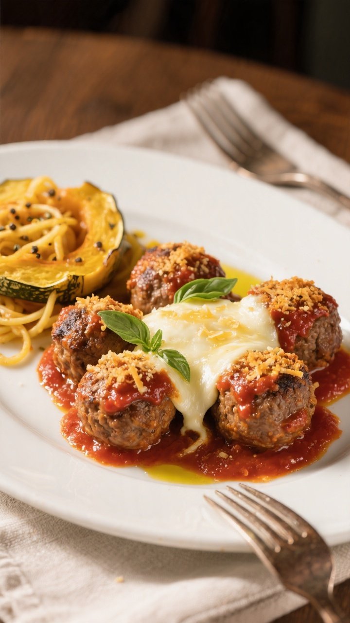 Final dish presentation: Restaurant-quality plate of Keto Meatball Parmesan—five meatballs smother