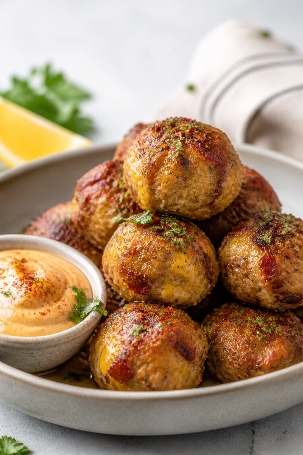 Final dish presentation: Restaurant-quality plate of keto cheddar bacon meatballs stacked in a shall