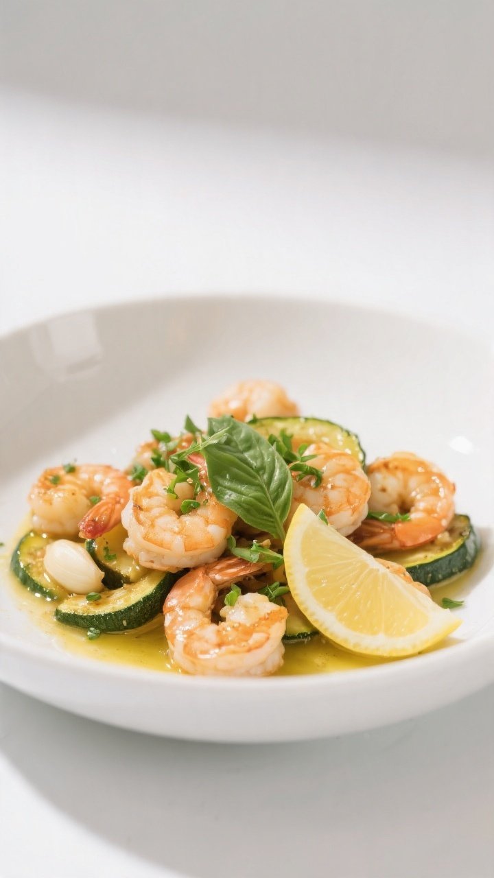 Final dish presentation: Restaurant-quality plate of Garlic Butter Shrimp & Zucchini served without