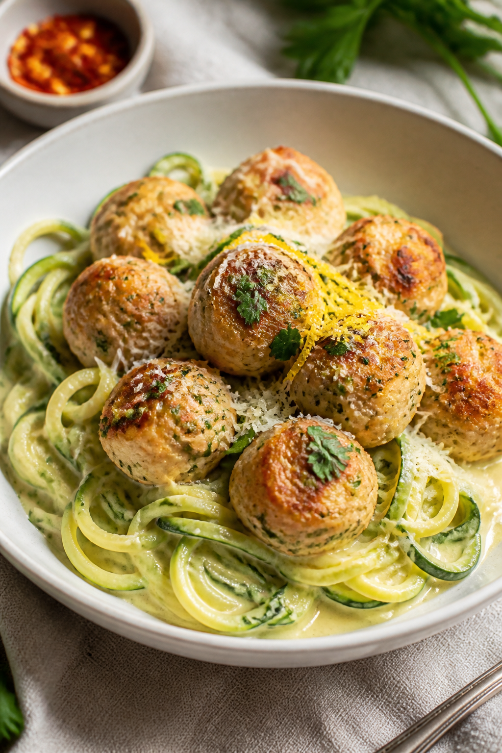 Final dish presentation: Restaurant-quality plate of keto garlic Parmesan chicken meatballs nestled 