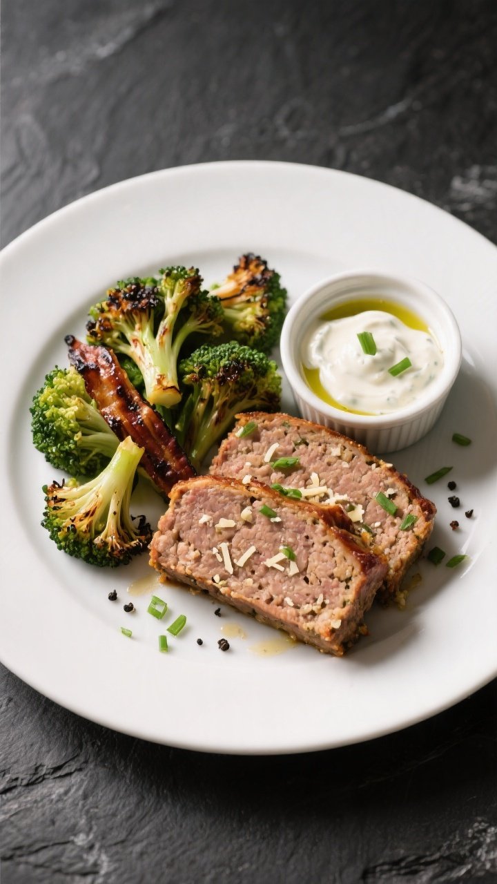 Final dish presentation: Restaurant-quality plate of Keto Bacon Ranch Meatloaf meal prep portion—t