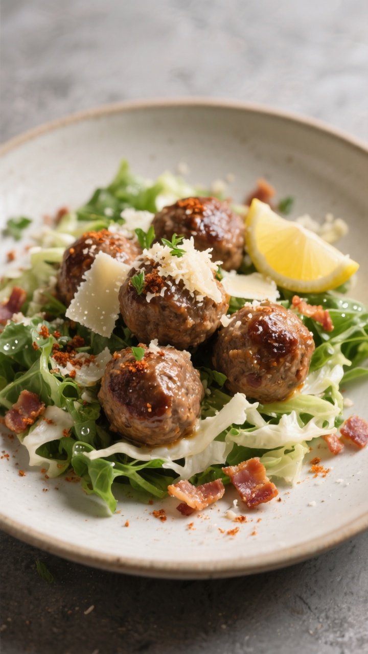 Final dish presentation: Restaurant-quality plate of Keto Bacon Ranch Meatball Bowl over mixed green