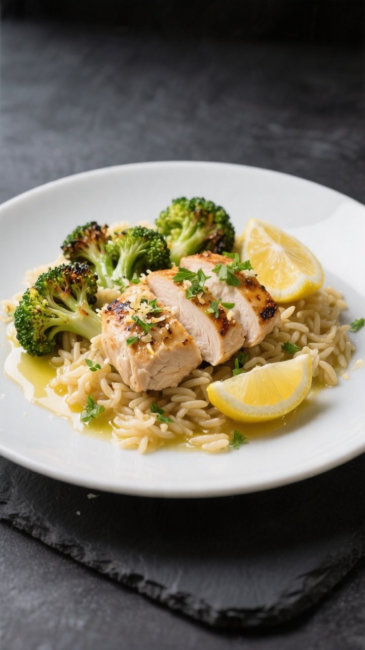 Final dish presentation: Restaurant-quality plate of Garlic Parmesan Chicken & Broccoli, sliced chic